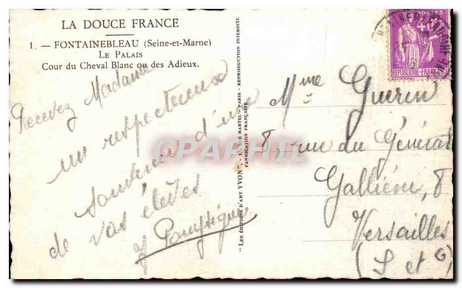 Fontainebleau — El Palacio o los Adioses — Ediciones d'Arte Yvon — Reverso