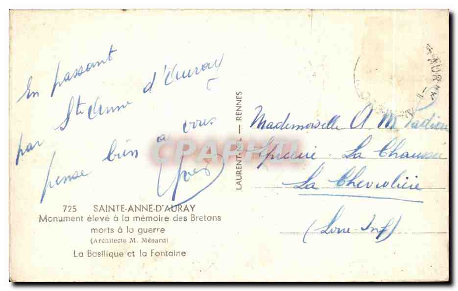 CPA Sainte Anne d'Auray Monument eleve a la memoire des Bretons morts a la guerre — Verso