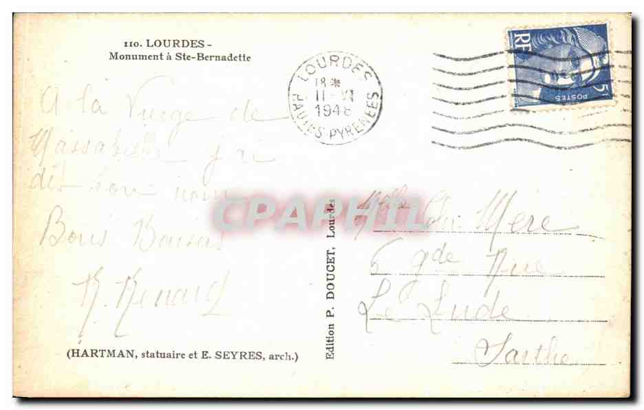 Monument à Sainte-Bernadette — Lourdes — Édition P. Doucet, Lourdes — Verso