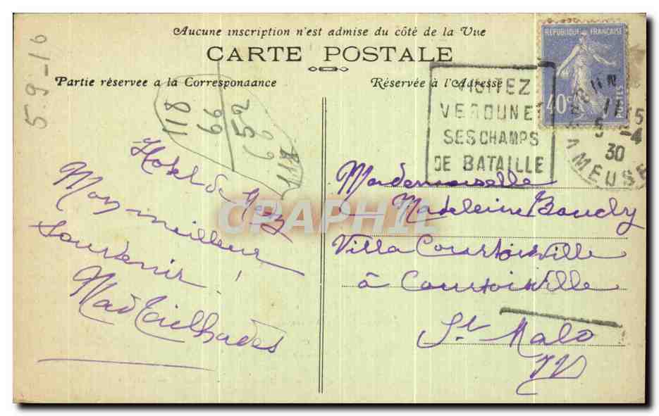 Ossuaire provisoire des Champs de Bataille de Verdun — Début de l'Œuvre de Douaumont, en attendant le monument définitif — Édition H.G. Verdun — Verso