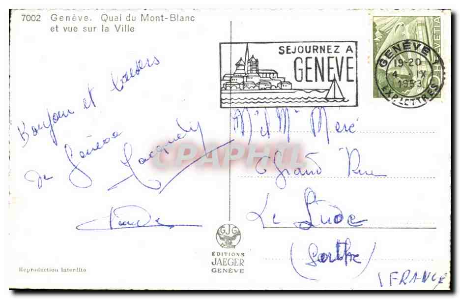 CPSM Geneve Quai du Mont blanc et Vue sur la Ville — Verso
