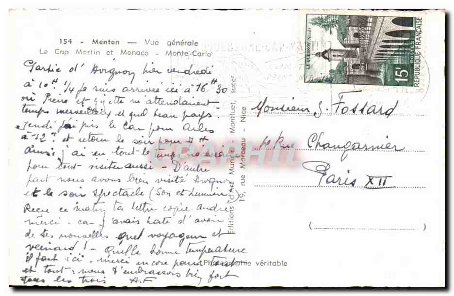 CPA Menton Vue Generale le Cap Martin et Monaco Monte Carlo — Rückseite