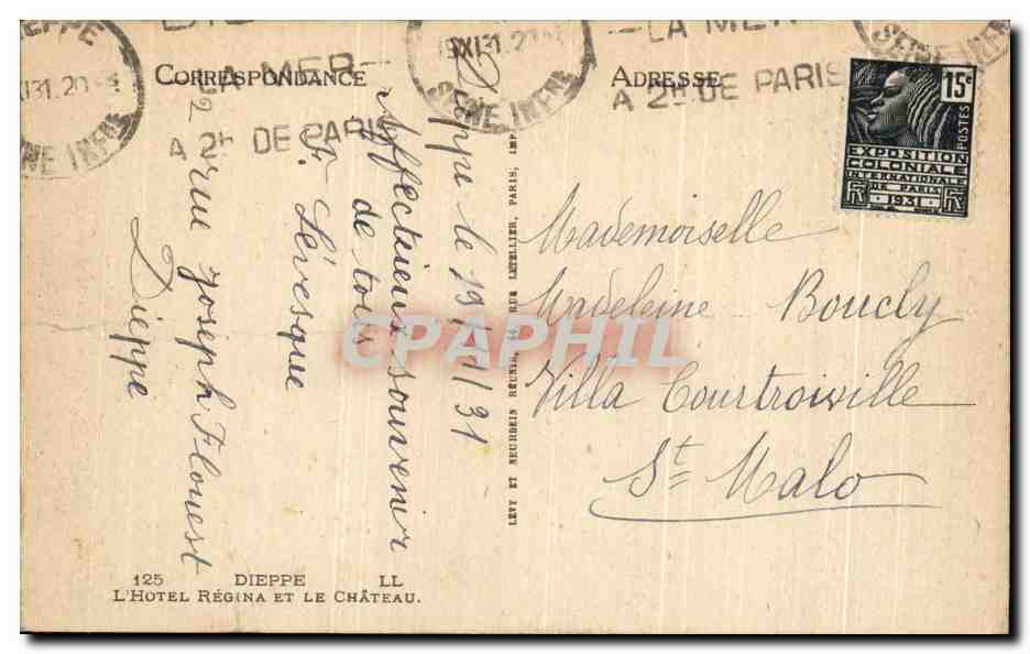 CPA Dieppe L'Hotel Regina Et le Chateau — Verso