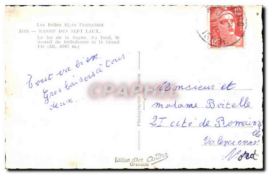CPA Les Belles Alpes Francaises Massif Des Sept Laux Le alc de la Sagne  — Verso