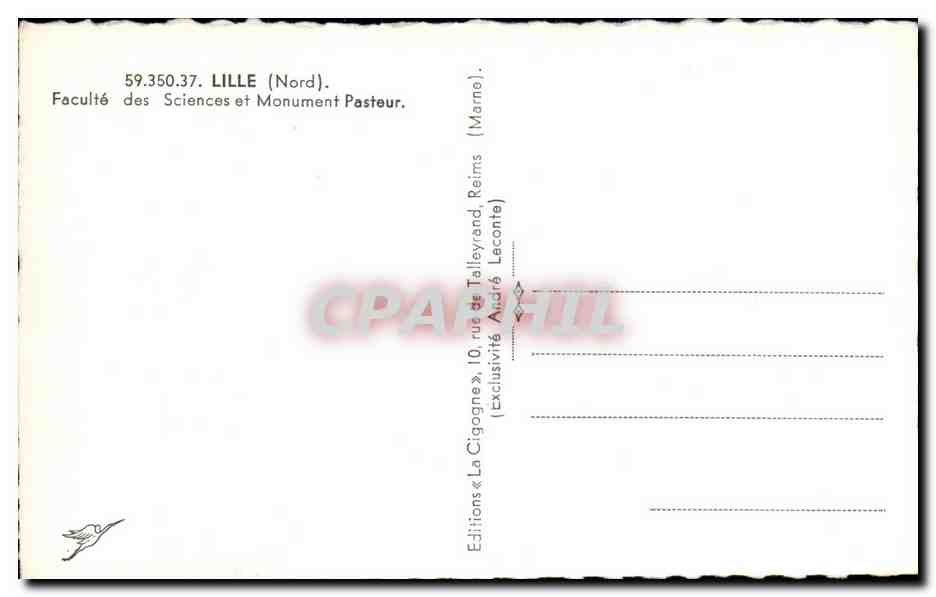Lille (Nord) — Faculté des Sciences et Monument Pasteur — Éditions La Cigogne — Verso