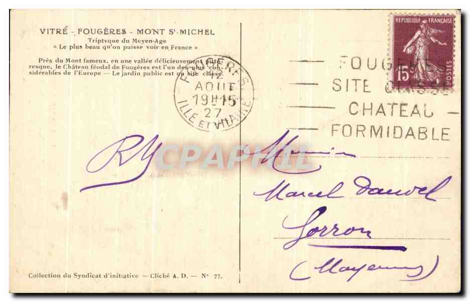CPA Fougeres La Tour de Plesguen  — Verso