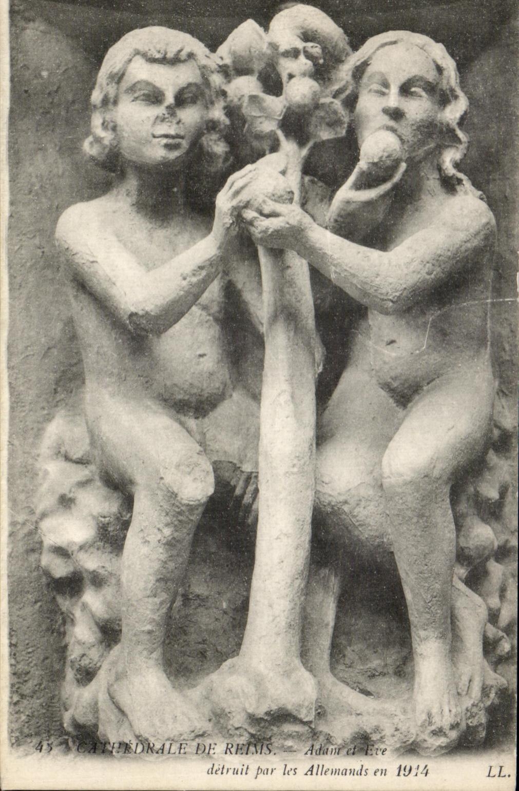 Adam et Ève — sculptures de la cathédrale de Reims — détruites par les Allemands en 1914 — LL.