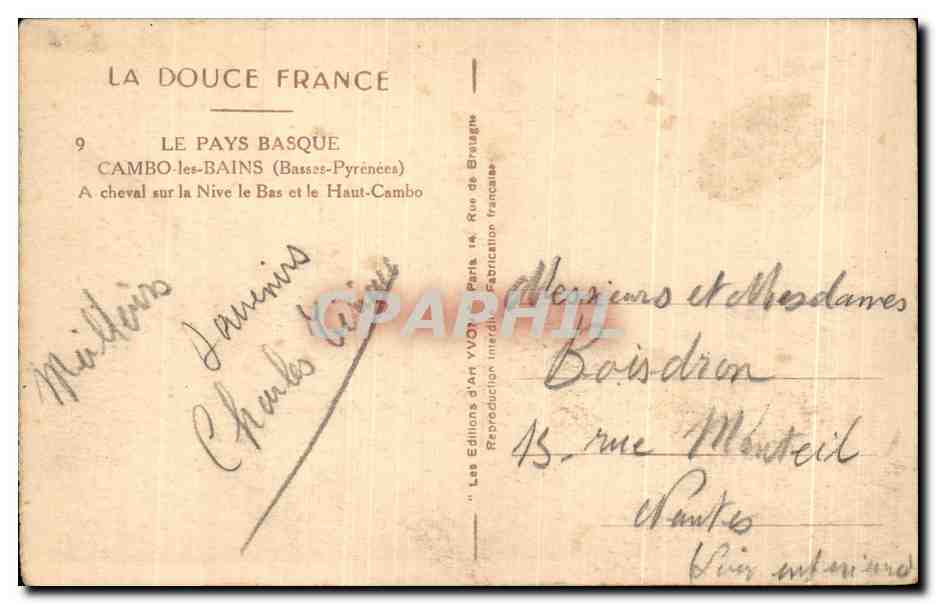 CPA Le Pays Basque Cambo Les Bains A Cheval sur la Nive le Bas et la haut Cambo — Back