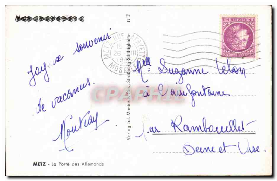 Metz - La Porte des Allemands — éditeur Verlag Jul. Monias & Cie, Straßburg-Schiltigheim — Verso