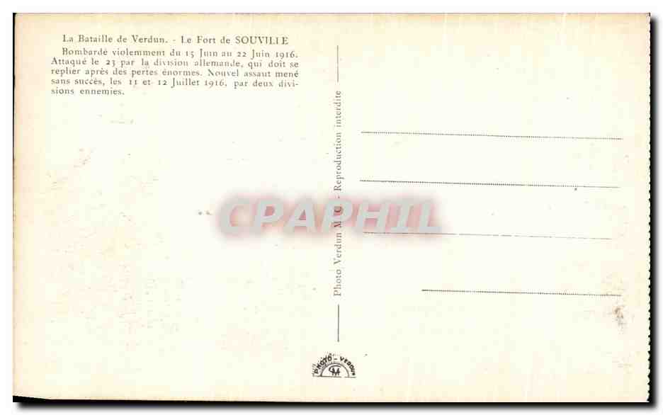 Le Fort de SOUVILLE — Bataille de Verdun — Photo Verdun M.10 — Verso