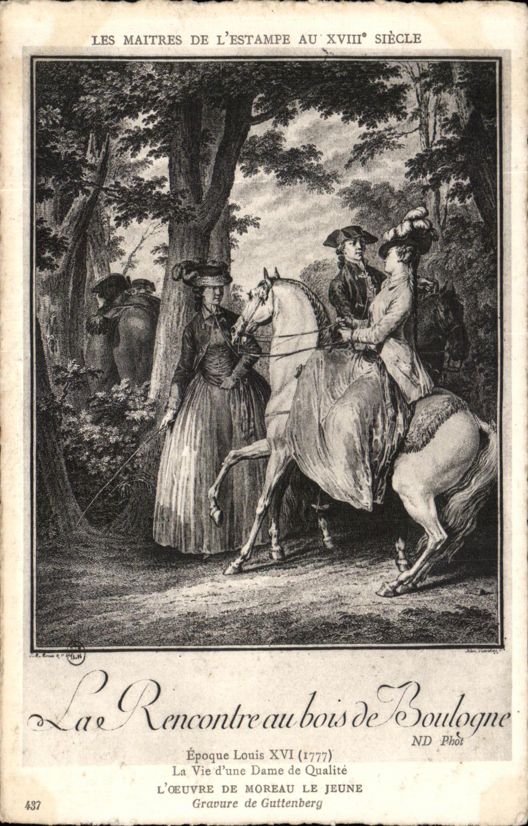 La Rencontre au bois de Boulogne — Époque Louis XVI (1777) — Gravure de Guttenberg, n° 437