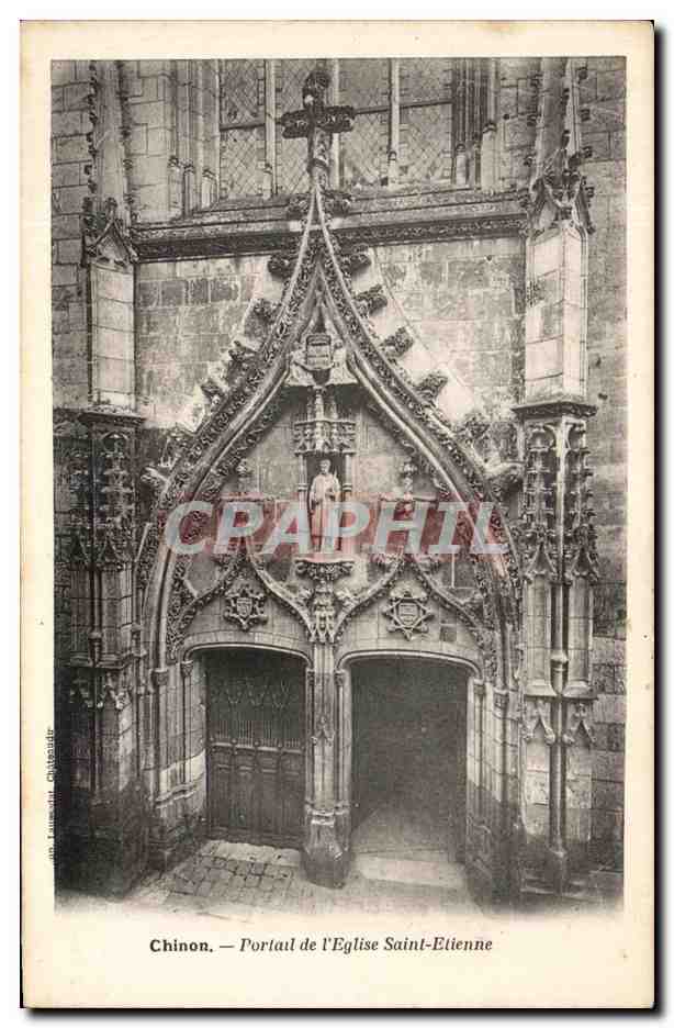 CPA Chinon Portail de l'Eglise Saint Etienne Publicite Eugene St Remy Rue du Siam Brest