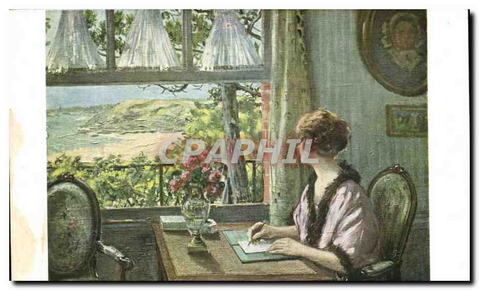 Frau am Fenster schreibend — Aussicht aufs Meer — Verleger Alberti, Nr. 5263