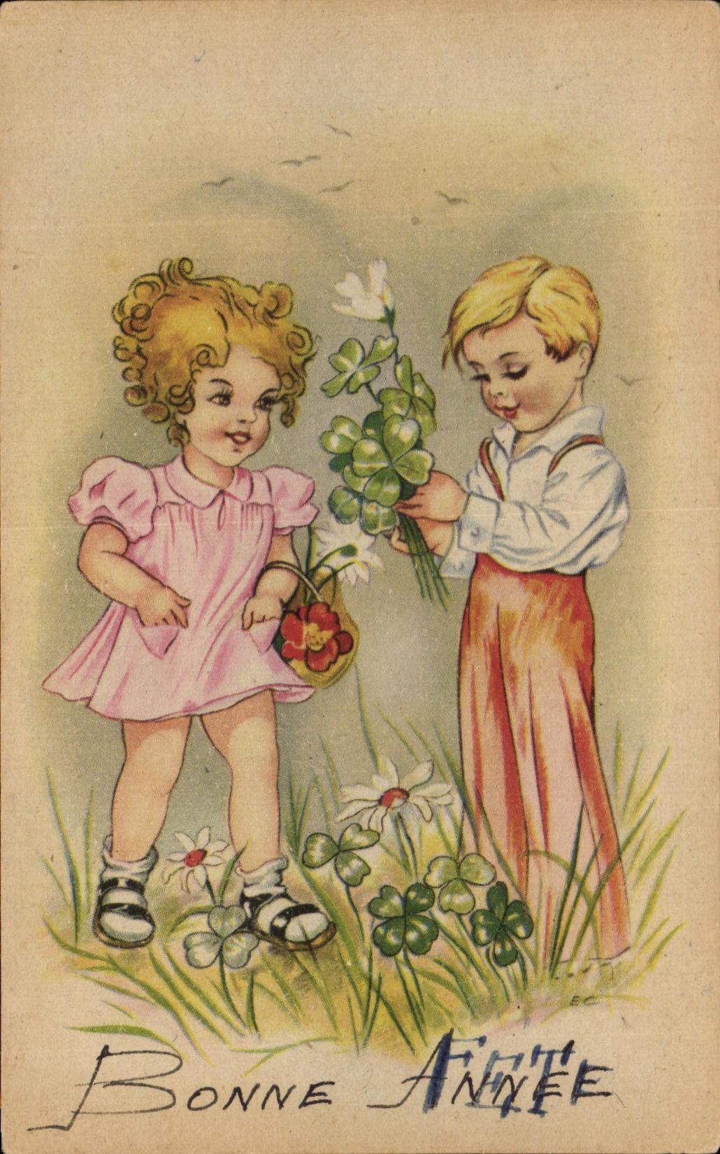 CPA Bonne Annee Enfants Trefles 