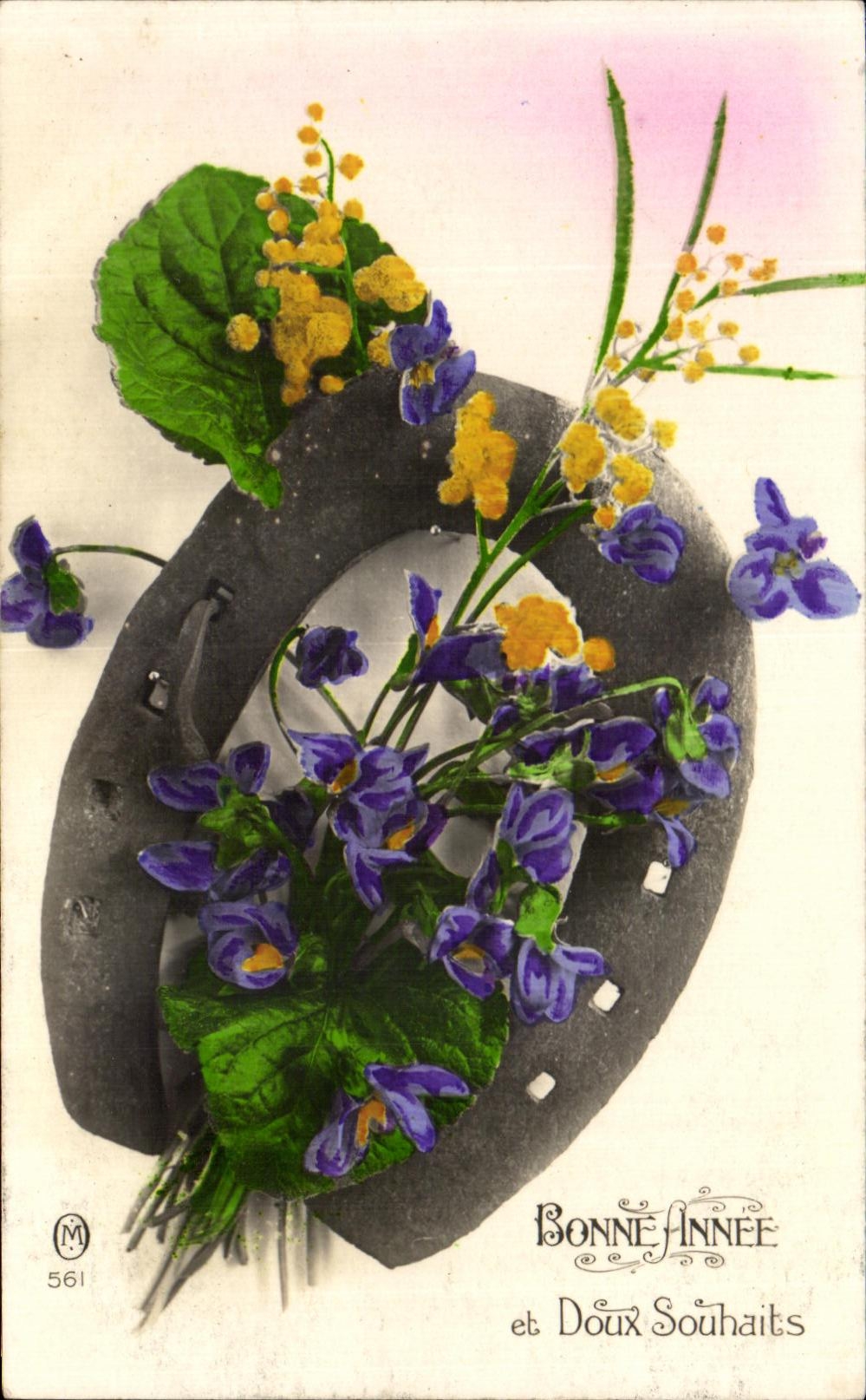 CPA Bonne Annee et Doux Souhaits Fleurs Fer a cheval
