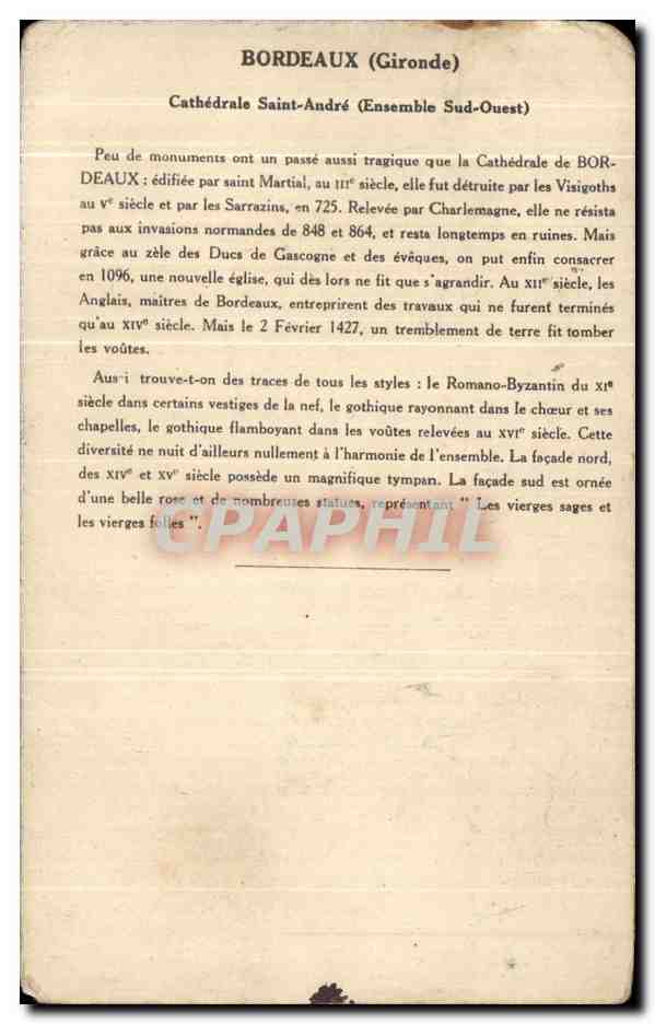 CPA Bordeaux Cathedrale Saint Andre — Verso