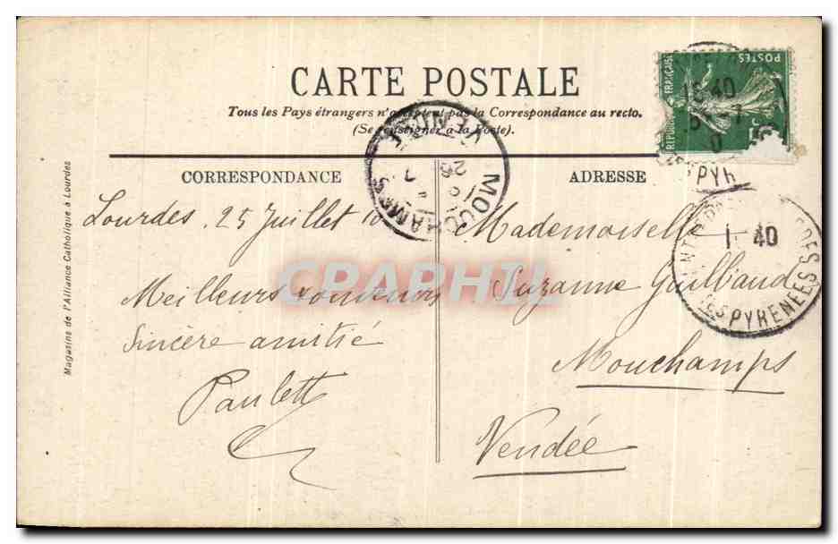 Lourdes — Le Château-Fort — Magasin de l'Alliance Catholique à Lourdes — Verso