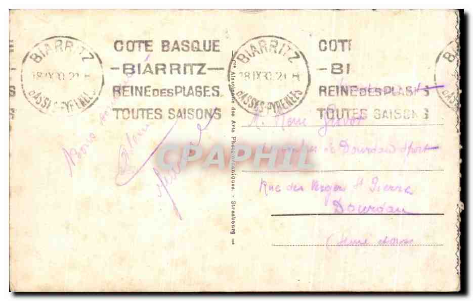 CPA Bizrritz Le Rocher de la Vierge et Passerelle — Verso