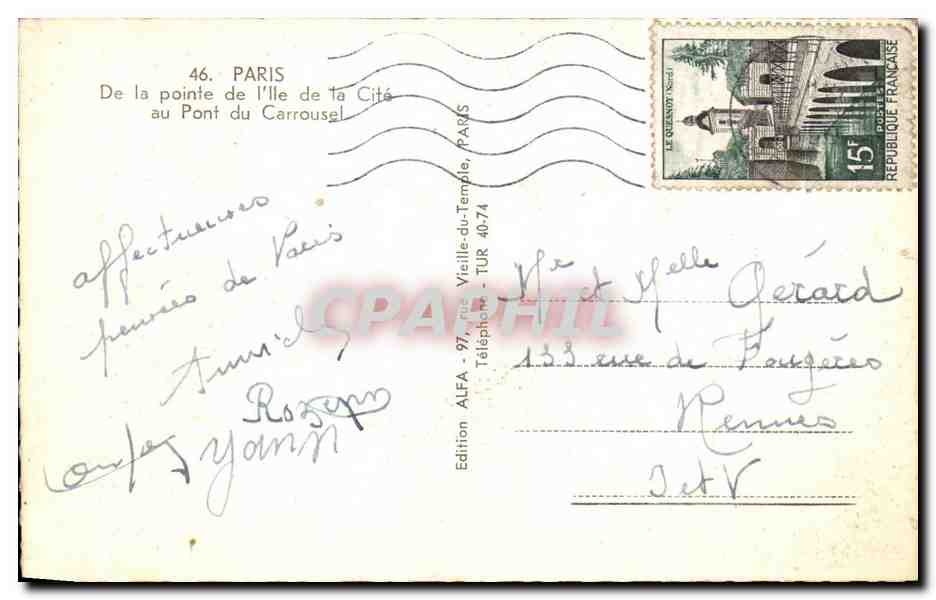 Paris — vue de la pointe de l'Île de la Cité au Pont du Carrousel — Edition ALFA — Verso