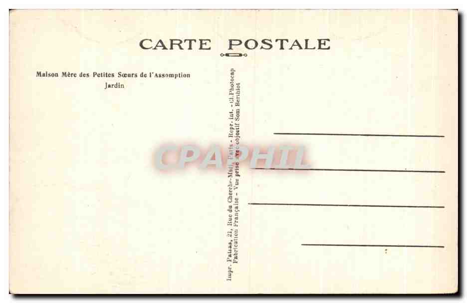 CPA Maison Mere des Petites Socurs de I'Assomption Jardin — Rückseite