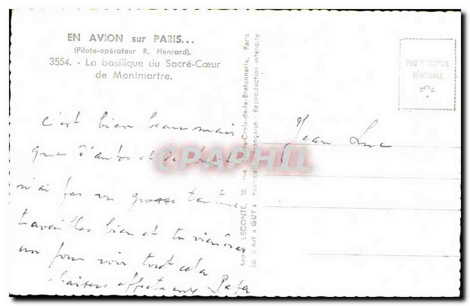 CPA En Avion sur Paris La Basilique du Sacre Coeur de Montmartre — Rückseite