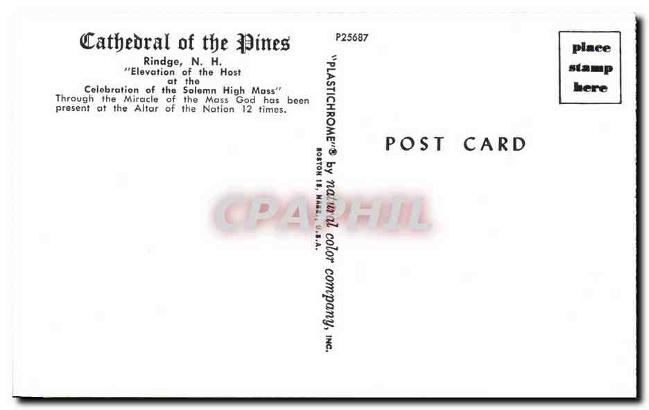 CPA Cathedral of the Dines Rindge Elevation of the Host at the Celenration of the Solemn High Moss — Rückseite