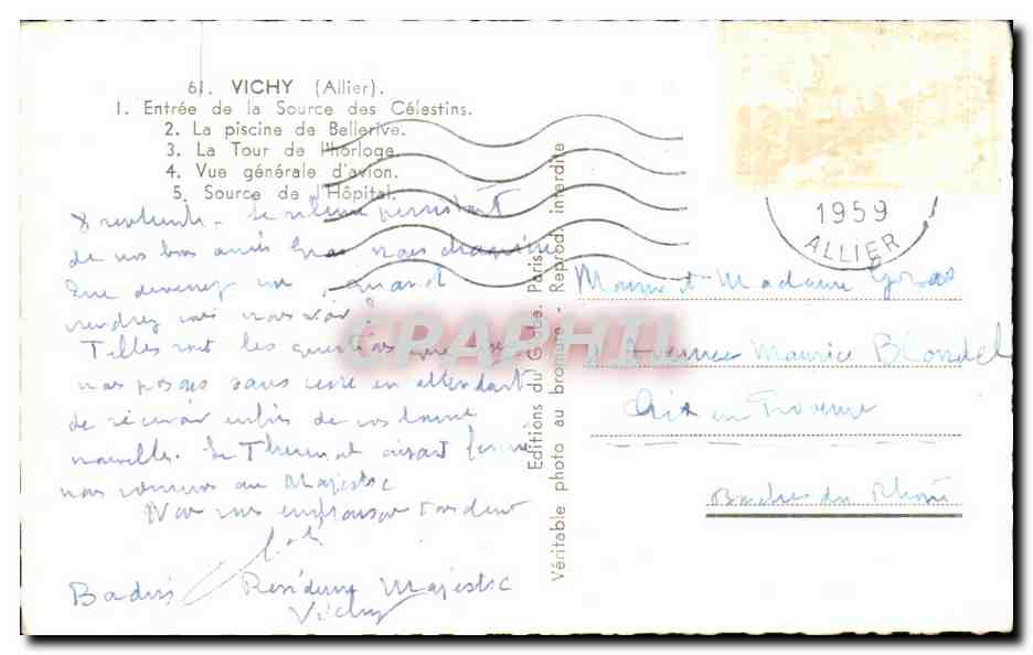 CPA Vichy Entree De La Source Des Celestins Piscine de Bellerive Tour de l'horloge Hopital — Verso