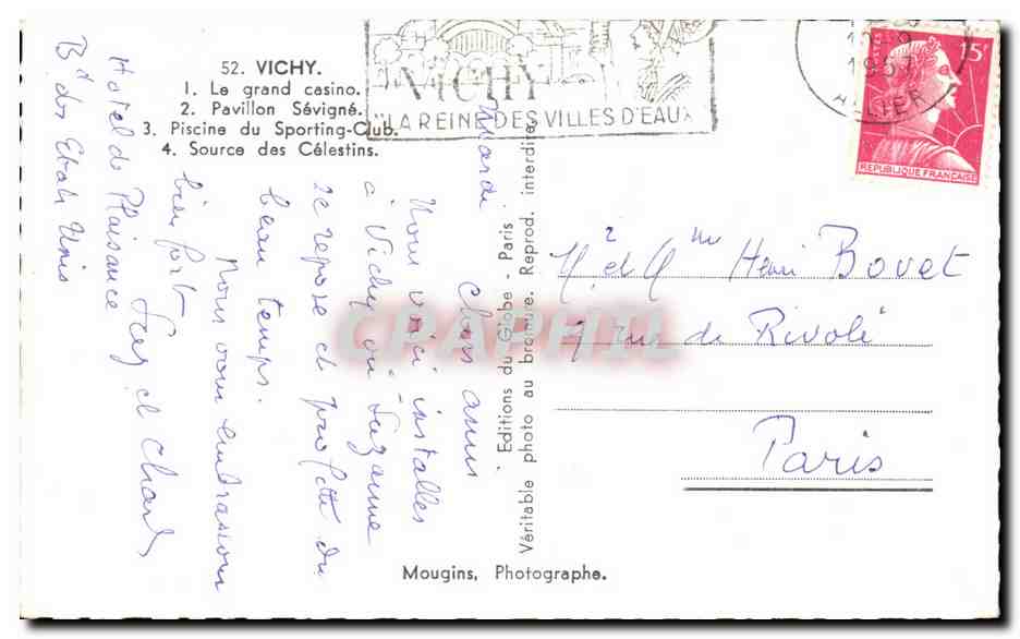 CPA Vichy Le Grand Casino Pavillon Sevigne — Verso