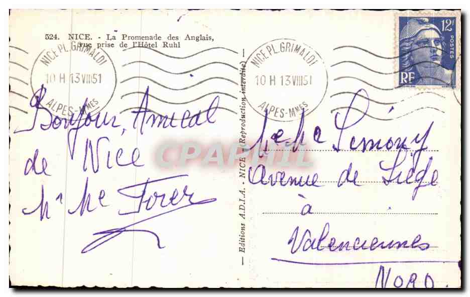 CPA Nice La Promenade Des anglais Rue Prise De L'hotel Ruhl — Rückseite