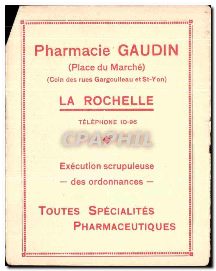 Feuillet La Rochelle Le Grand Hotel Des Etrangers Pharmacie Gaudin Place du MArche  — Verso