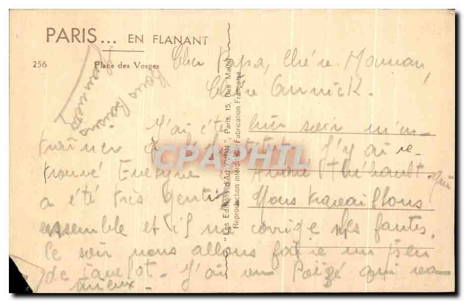 Place des Vosges — Paris — Kunstausgabe 'Vran' n°256 — Rückseite