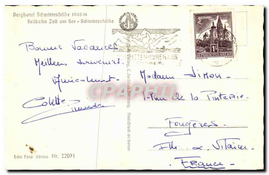 Schmittitenhöhe 1968 m. g.d. Hohen Tauern — éditeur C. J. Landgraf, N° 22071 — Rückseite