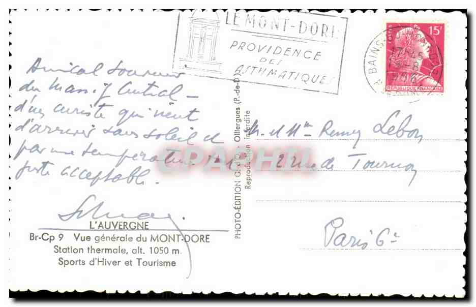 CPSM L'Auvergne Vue generale du Mont Dore Station Thermal Sports d'Hiver et Tourisme — Verso