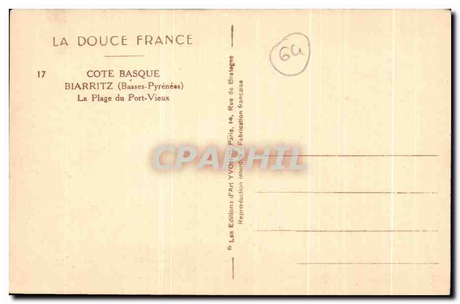 CPA Biarritz La Plage du Port Vieux — Verso