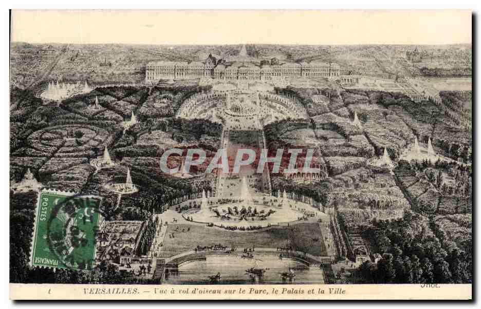 Versailles — Vue à vol d'oiseau sur le parc, le palais et la ville — J. Hébert