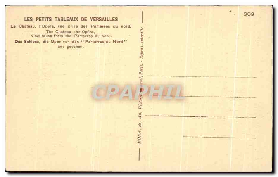 CPA Versailles Le Chateau l'Opera vue prise des Parterres du nord  — Verso