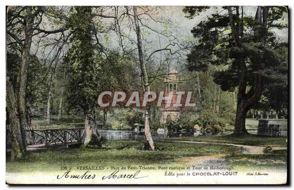 CPA Versailles Parc du Petit Trianon Pont rustique et Tour de Malborough Edit pour le Chocolat Louit