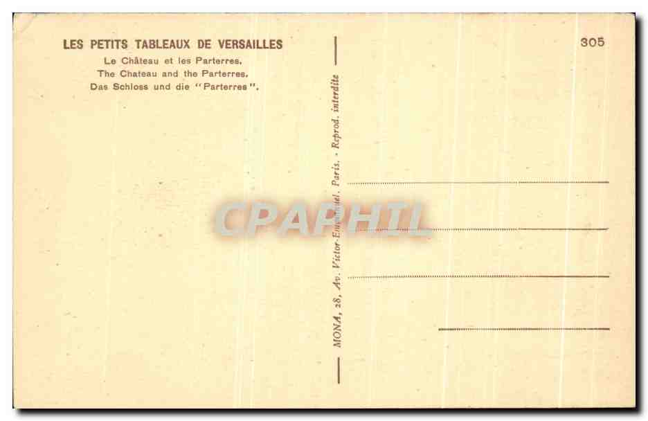 CPA Les Petits Tableaux De Versailles Le Chateau et les Parterres The Chateau and the Parterres — Verso