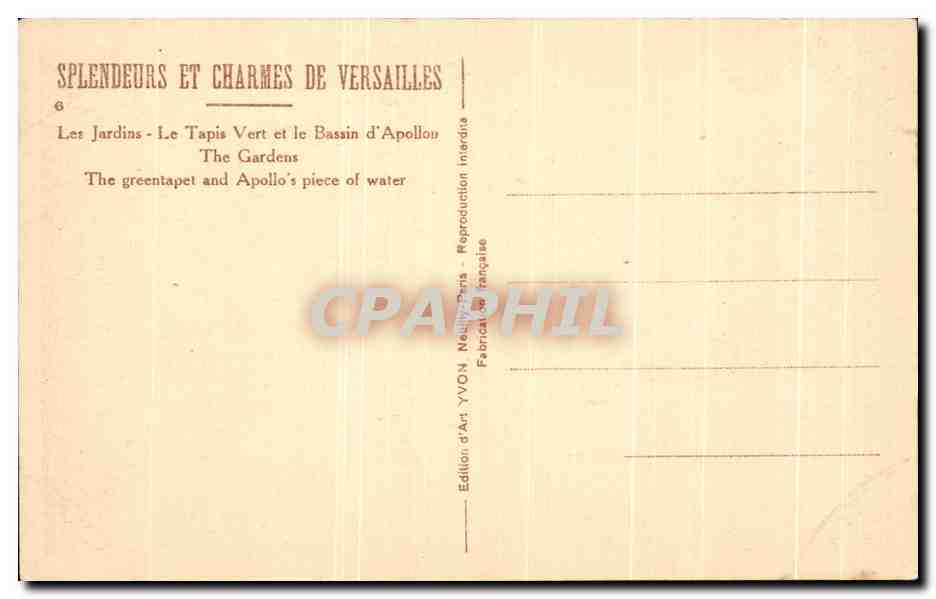 CPA Splendeurs Et Charmes De Versailles Les Jardins Le Tapis Vert et le Bassin d'Apollon  — Verso
