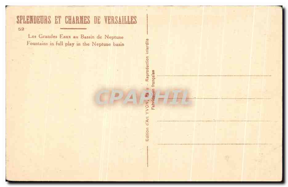 Les Grandes Eaux au Bassin de Neptune — Versailles — Édition d'Art YVON, n°52 — Verso