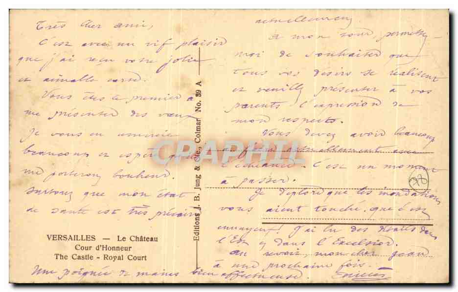 Versailles — Place d'Armes avec statue — Édition J. B. Jung & Cie, Colmar, n° 39 A — Verso
