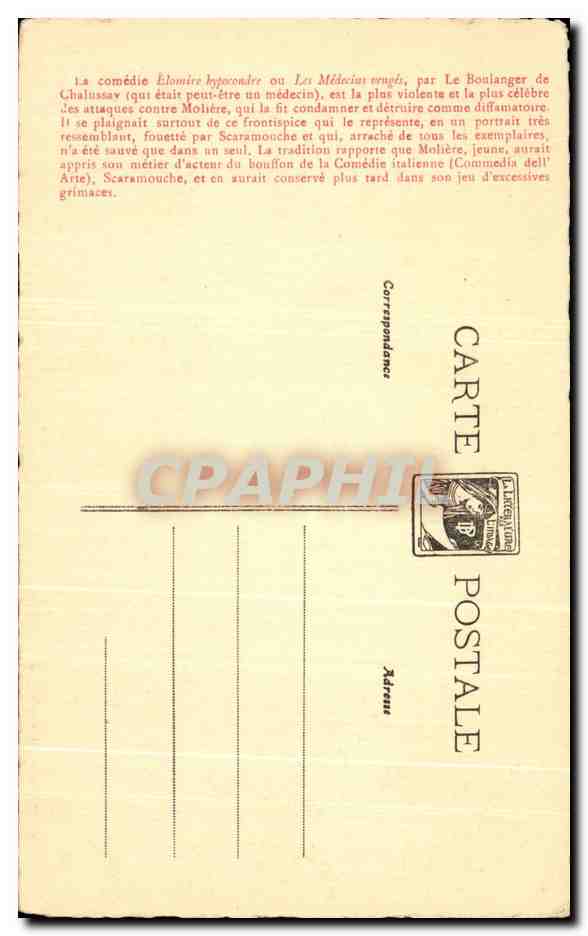 CPA Scaramouche Elomire hypocondre Medecins Venges — Verso