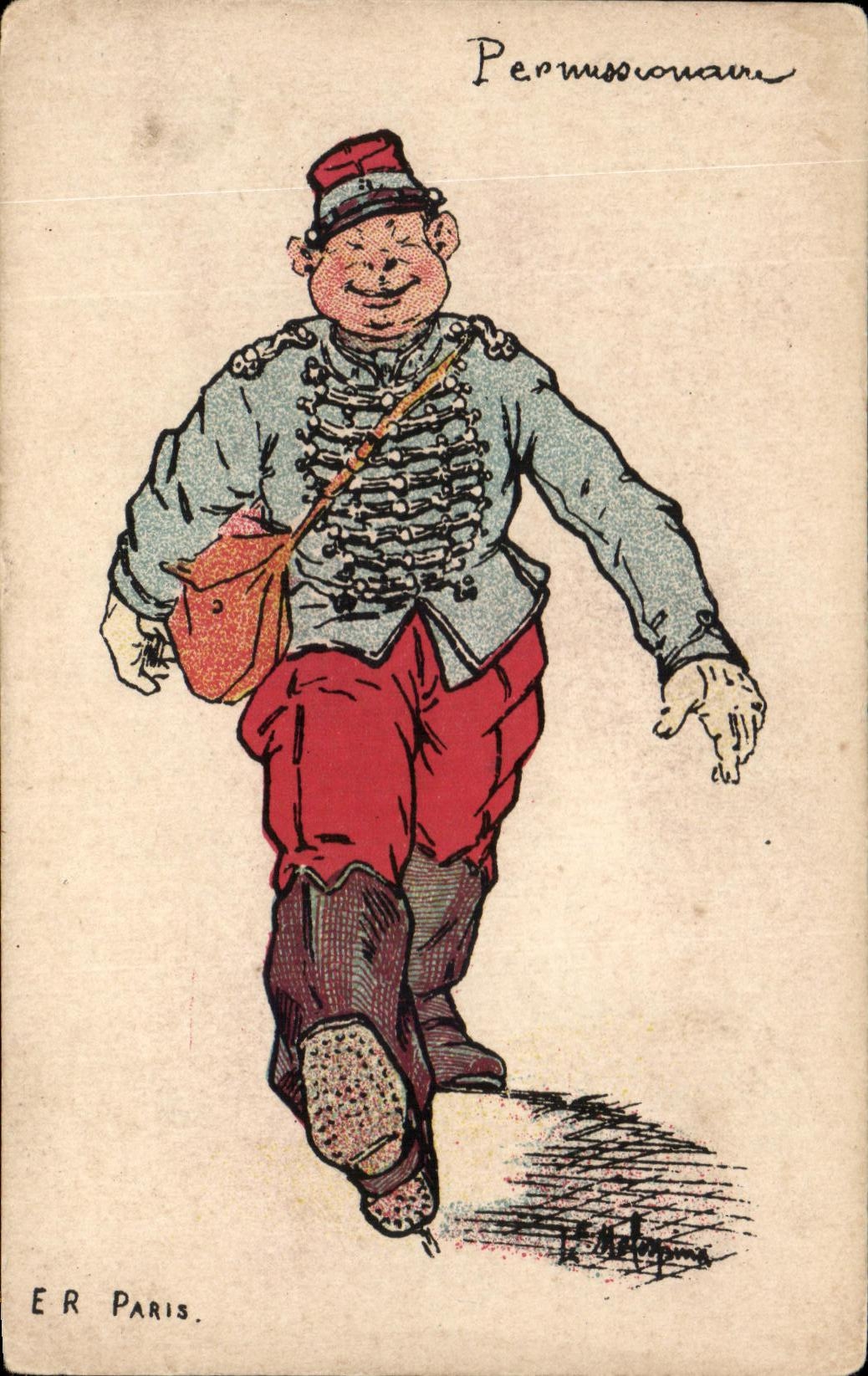 Permissionnaire — caricature d'un soldat en permission — E.R. Paris