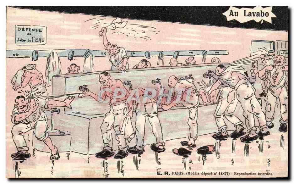 Au Lavabo — caricature de soldats dans une salle de bains — E.R. PARIS, Modèle déposé n° 14877