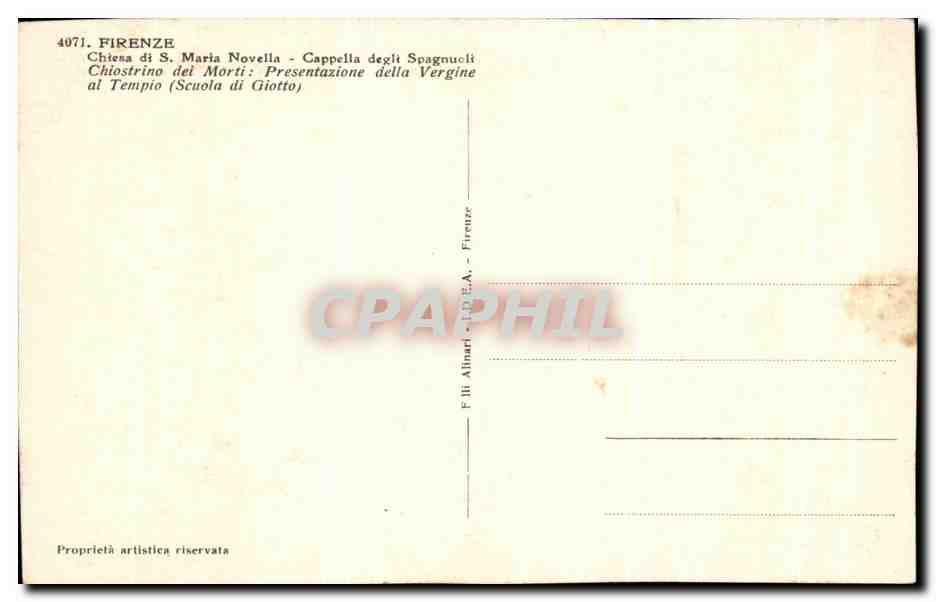 CPA Firenze Chiena di s Maria Novella Capella Degli Spagnuoli Choistrino dei Morti Presentazione della Vergine al Tempio — Verso