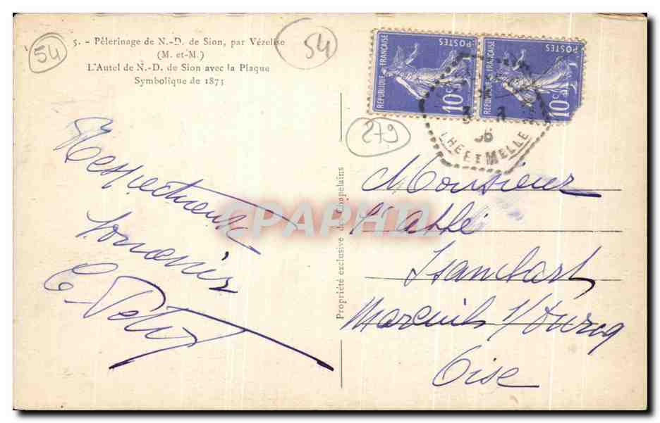 Autel de Notre-Dame de Sion — Vézelay — éditeur Vézelay, n°5 — Rückseite