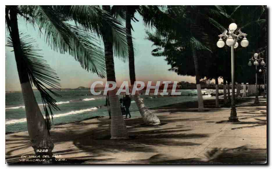 Villa del Mar — plage bordée de palmiers et lampadaires — éditeur inconnu, n° 9228
