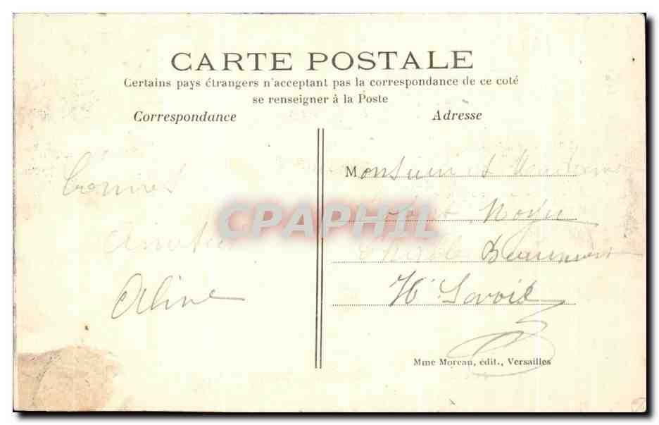 Parc de VERSAILLES — Bassin d'Apollon et le Tapis vert — Mme Moreau, édit., Versailles — Verso