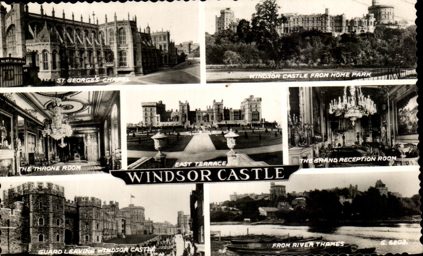 Windsor Castle — St George's Chapel, East Terrace, Throne Room, Grand Reception Room, Guard Leaving, From River Thames — Valentine & Sons Ltd, n° 6203