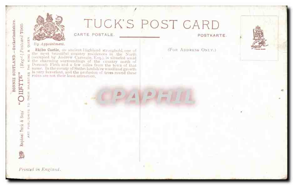 L'Allée, Château de Skibo — Sutherlandshire — Tuck's Post Card n°7680 — Back